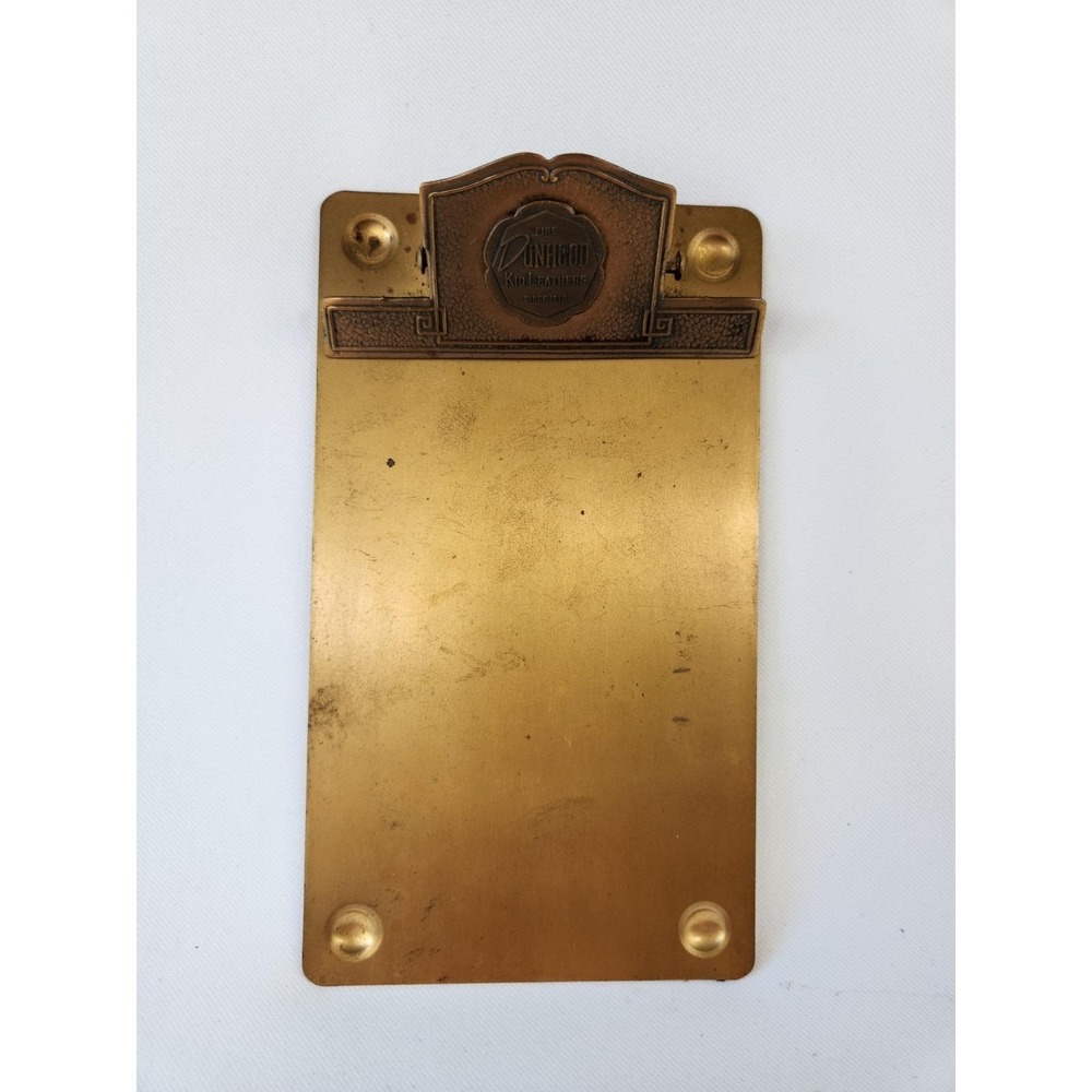 Small Antique Brass Advertising Clipboard Dunhood Leathers Whitehead & Hoag Co